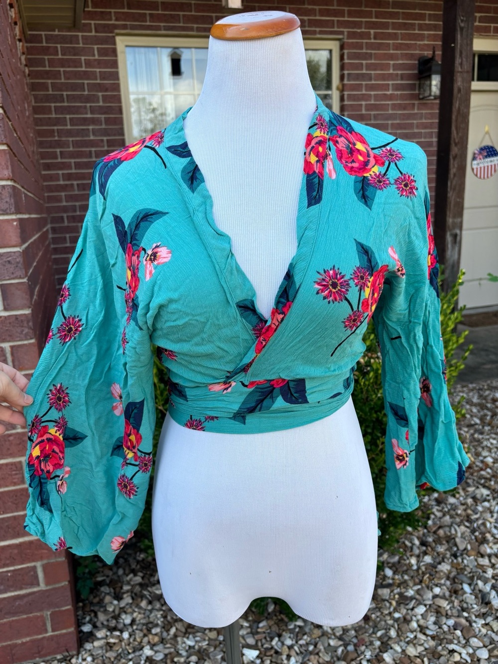Express Teal Floral Wrap Crop Top with Pink Blooms